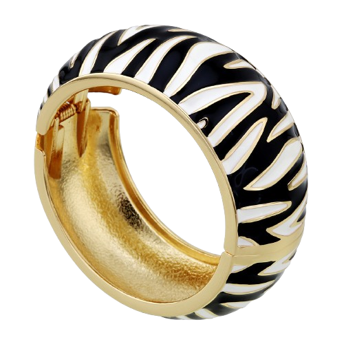 Zebra Stripe Enamel Bangle Bracelet Gold Tone Black White Wide Statement Jewelry