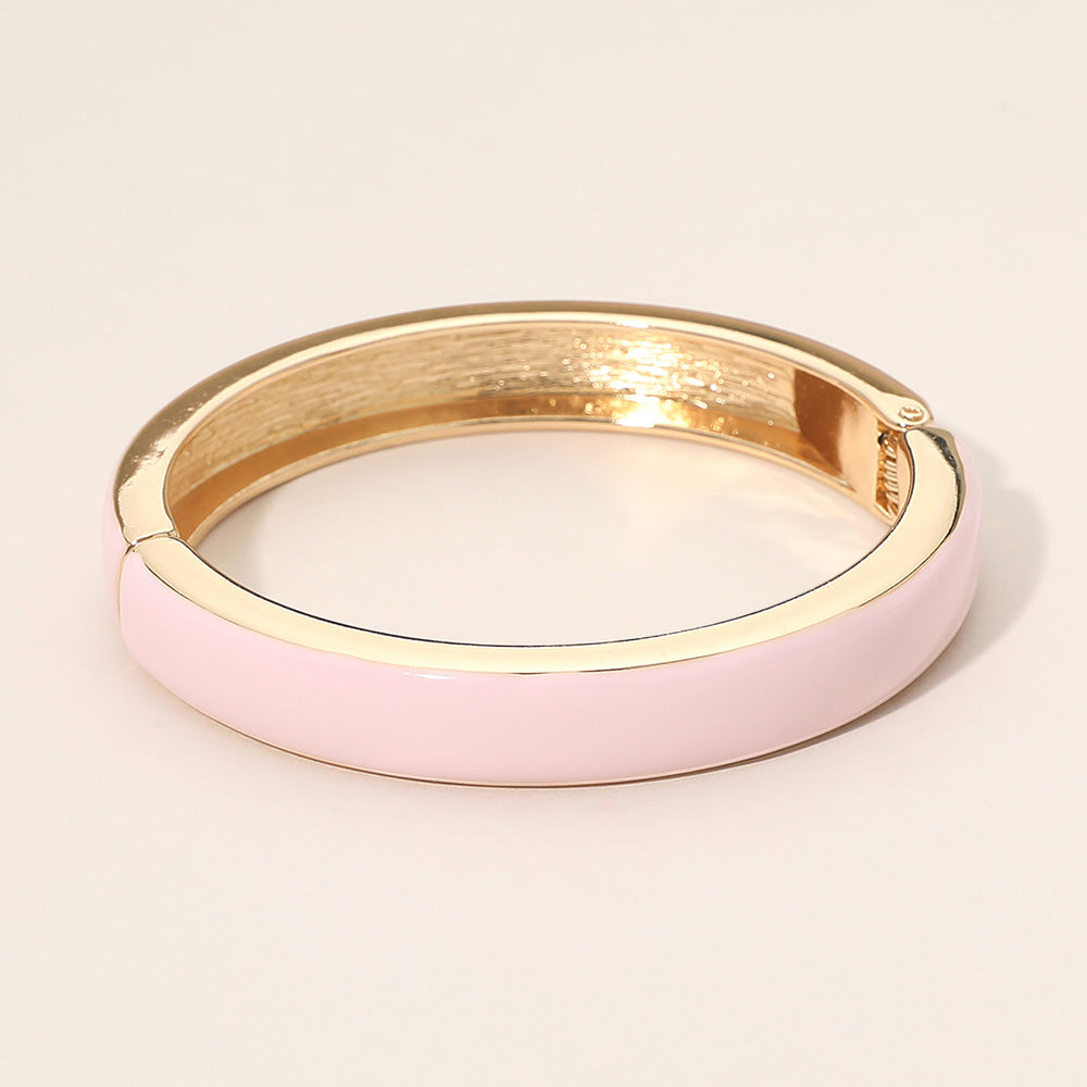 Gold Plated Light Pink Enamel Hinged Bangle Bracelet for Women