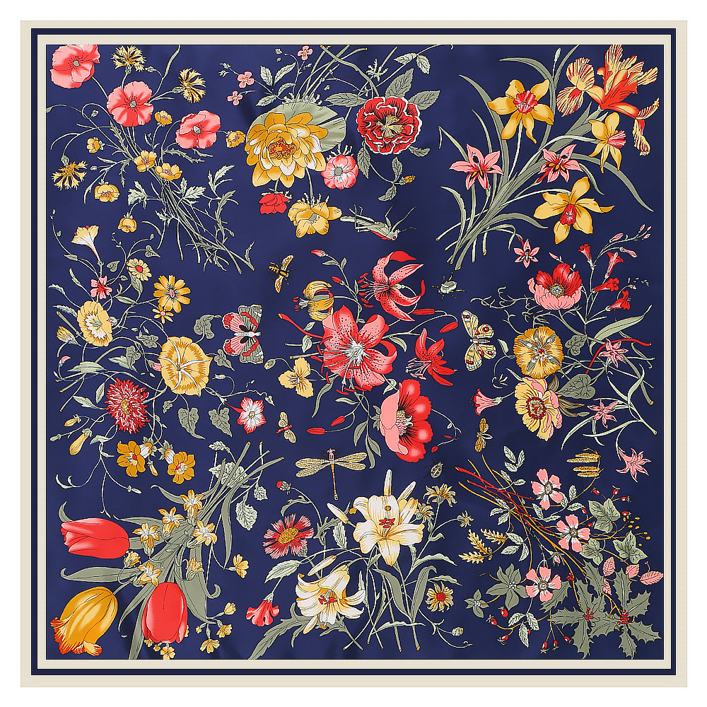 100% Silk Twill Floral Square Scarf 51 inch Navy Botanical Print - Hautefull