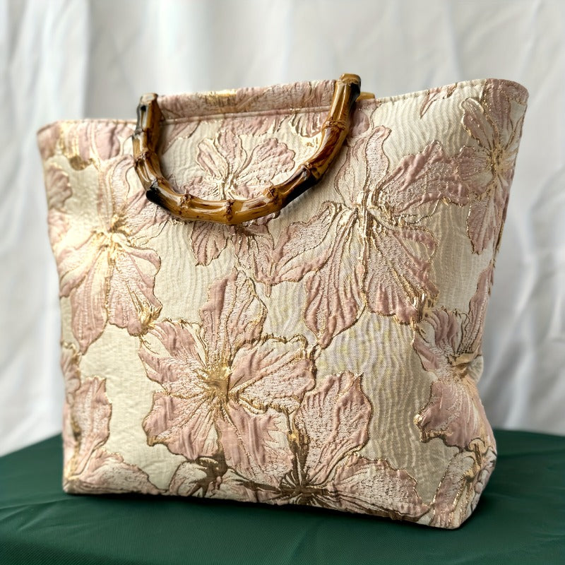 Blush floral jacquard tote bag with bamboo handles - front view