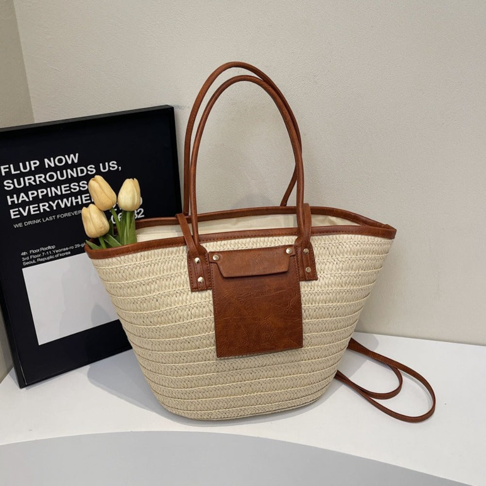 Woven Straw Tote Bag with Leather Handles