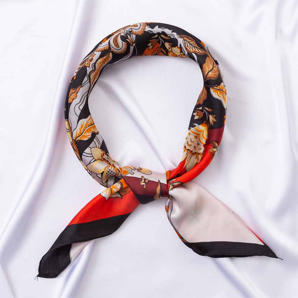 Full flat lay of women's 27 inch square floral scarf showing complete botanical tree of life print