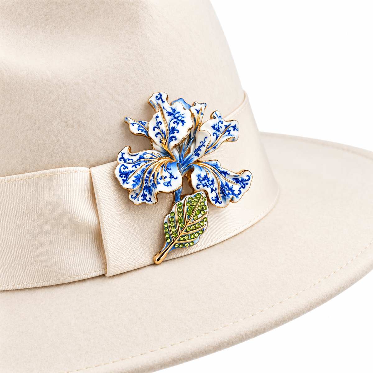 Blue white iris flower brooch on cream fedora hat band