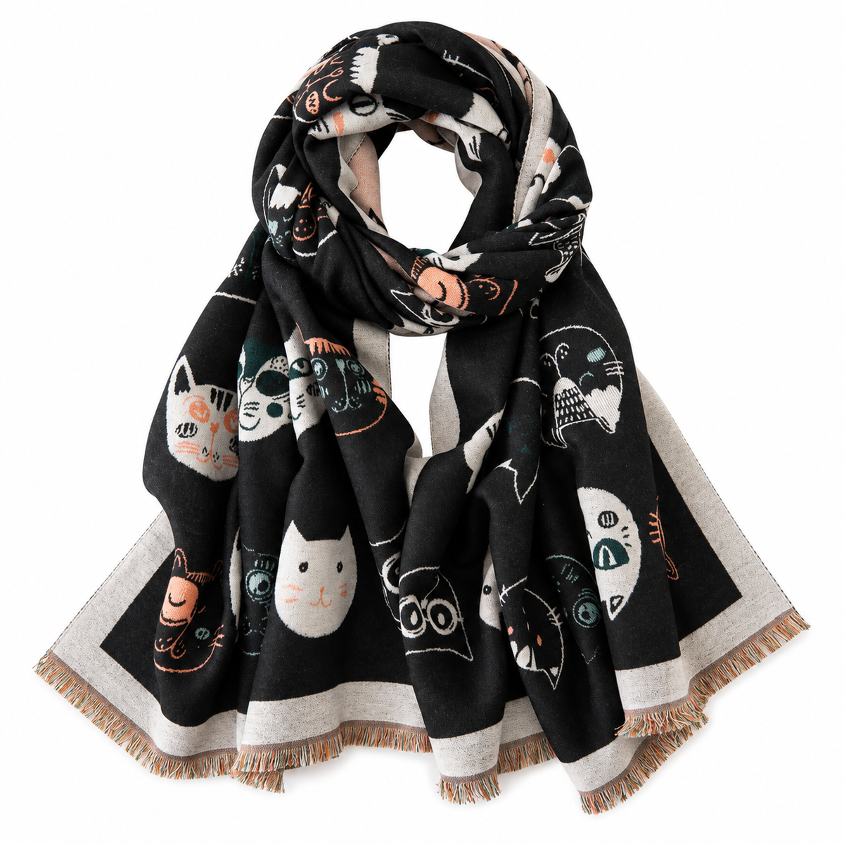 Whimsical cat faces black woven scarf – loose draped styling view