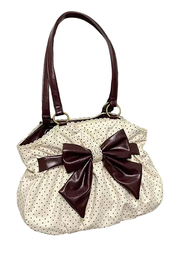 Polka Dot Bow Shoulder Bag Coquette Aesthetic Lace Trim Ruched Tote