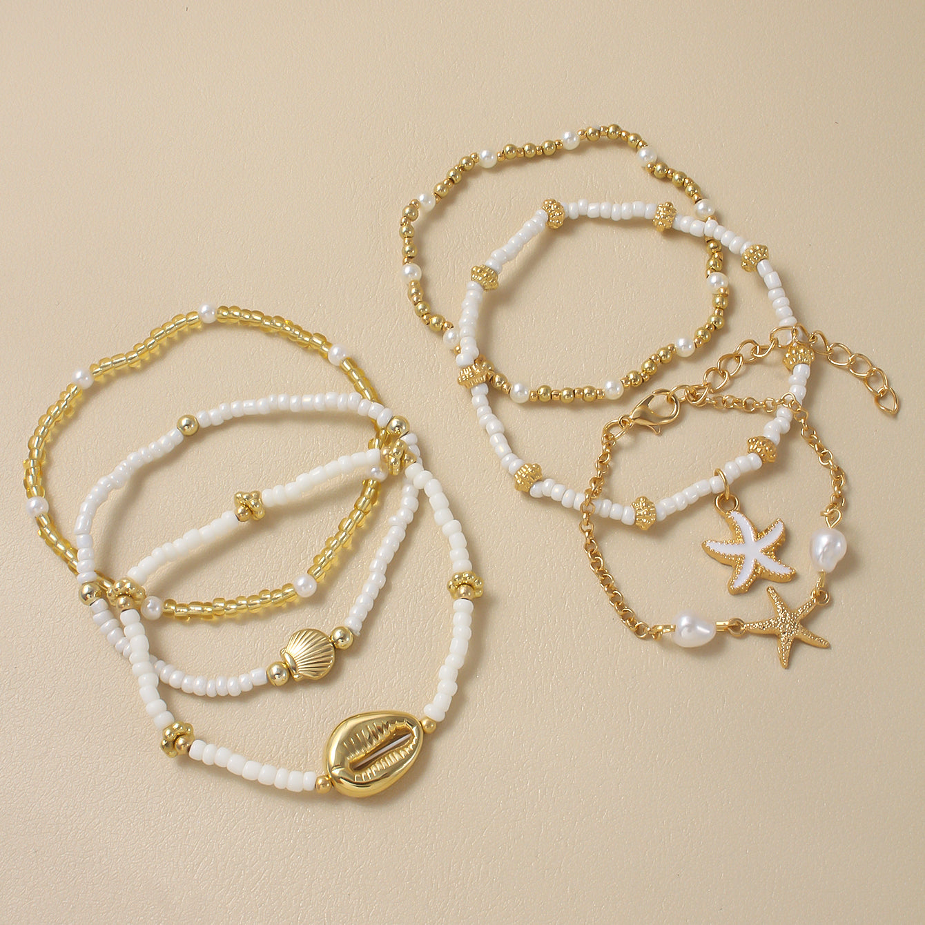 Boho Starfish Shell Beaded Bracelet Set Multi-Layer Beach Jewelry for Women