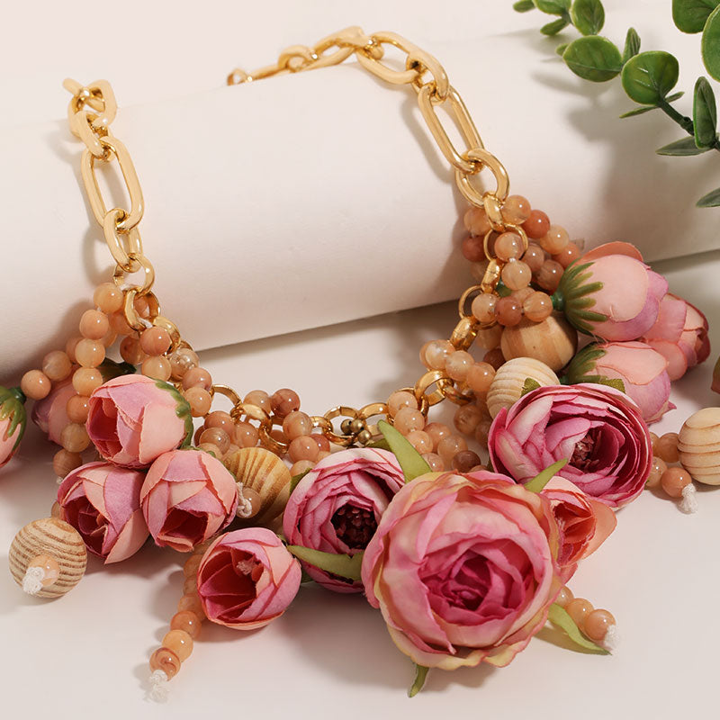 Rose Flower Statement Necklace Floral Chunky Gold Chain Jewelry