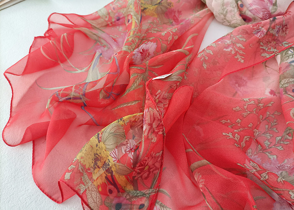 Floral Silk Feel Chiffon Scarf Pink Red Botanical Print Wrap 20 x 63 Inches