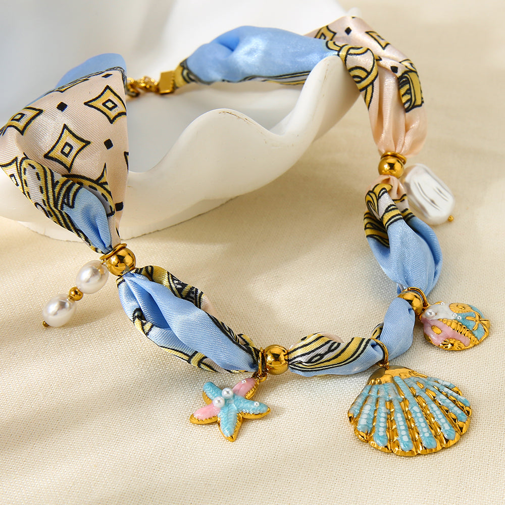 Coastal Seashell Scarf Necklace with Starfish & Pearl Charms