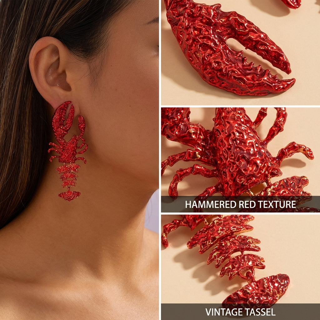 Statement Lobster Earrings Hammered Metal Texture Dangle Drop Coastal Jewelry
