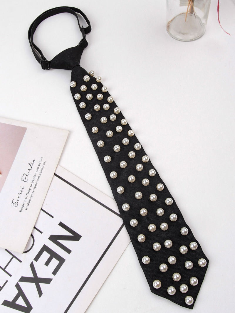 Black Faux Pearl Embellished Adjustable Pre Tied Necktie Formal Party Accessory