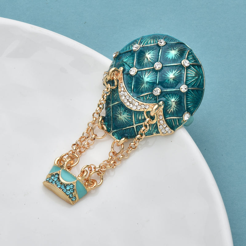 Hot Air Balloon Brooch Rhinestone Teal Enamel Pin Travel Accessory