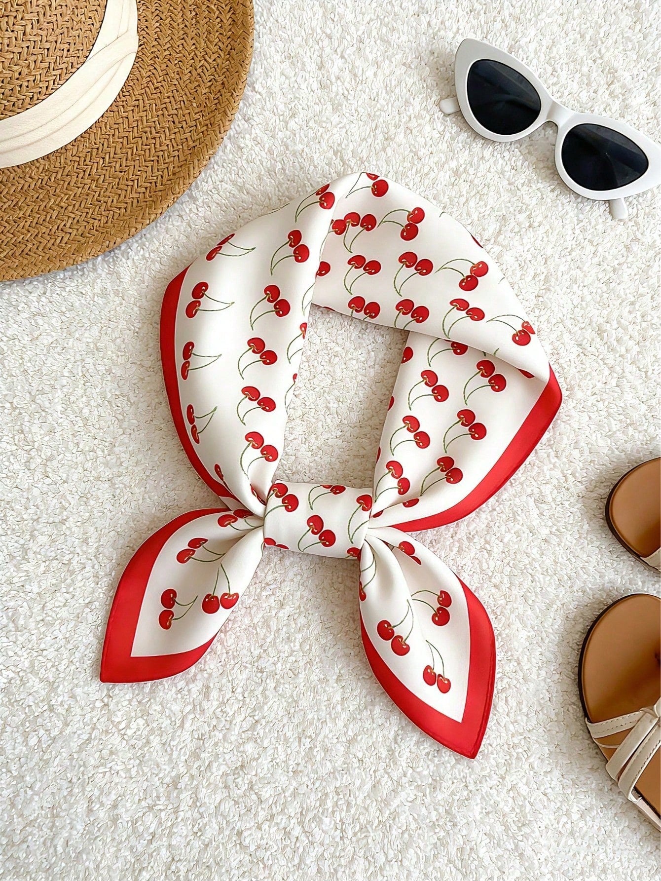 Red White Cherry Print Square Silk Like Scarf Head Handbag Neck Wrap