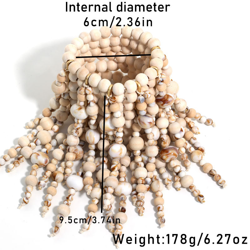 Boho Wood Bead Tassel Cuff Bracelet Statement Wrist Jewelry