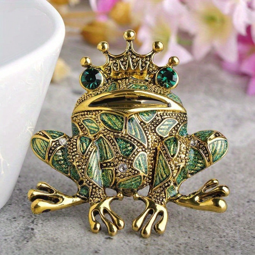 Frog Prince Brooch Pin – Antique Gold Tone Green Glitter Enamel & Emerald Crystal Crown Statement Pin