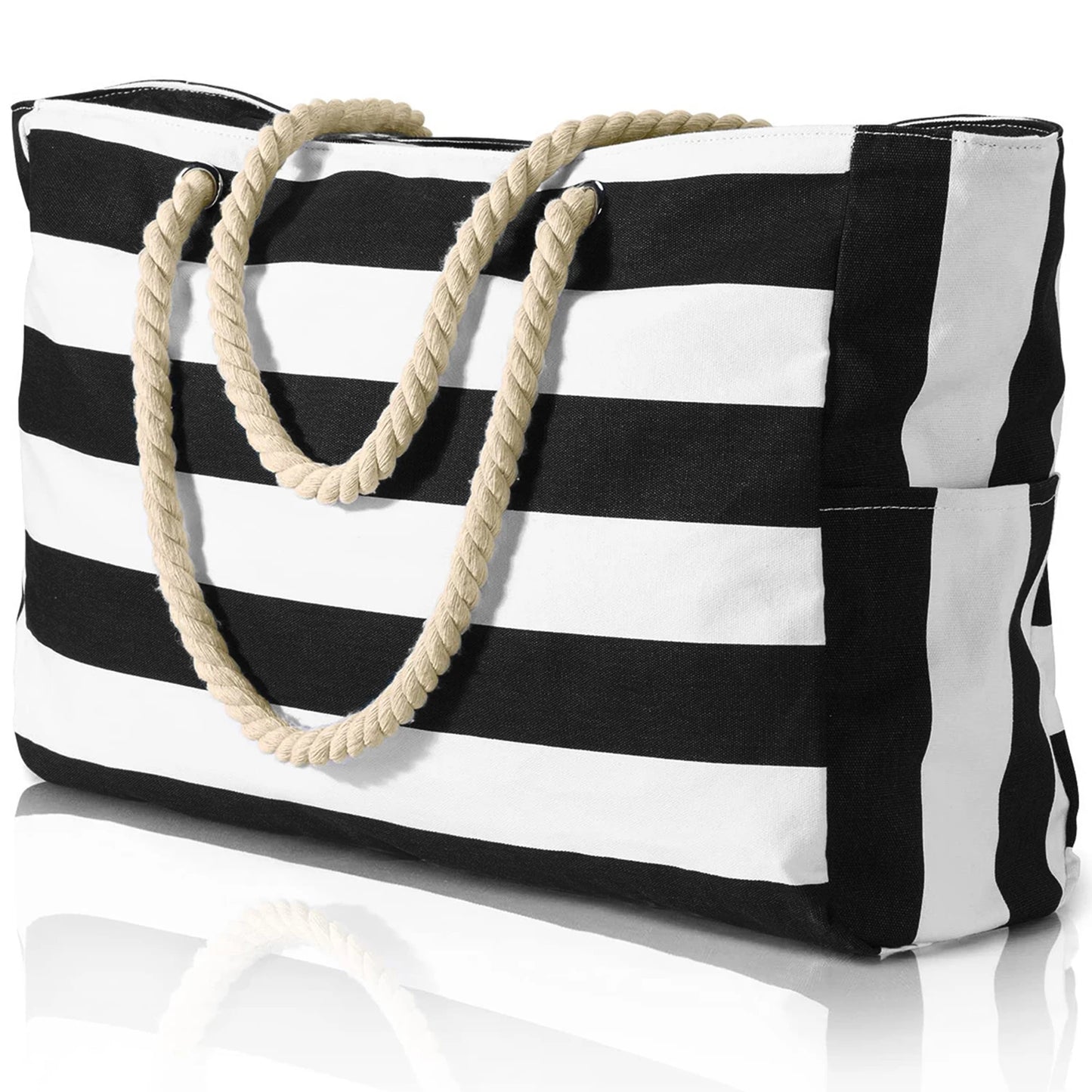 Black and White Striped Canvas Beach Tote Bag with Rope Handles