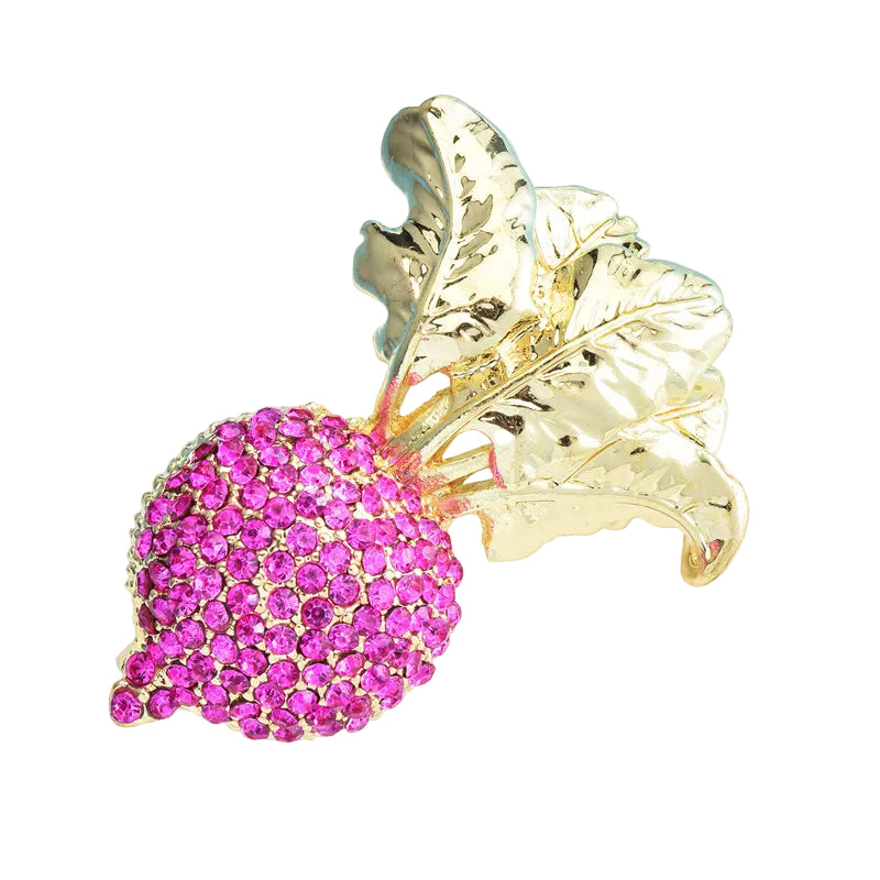 Crystal Hot Pink Beet Brooch Gold Tone Vegetable Pin | 1" x 2"