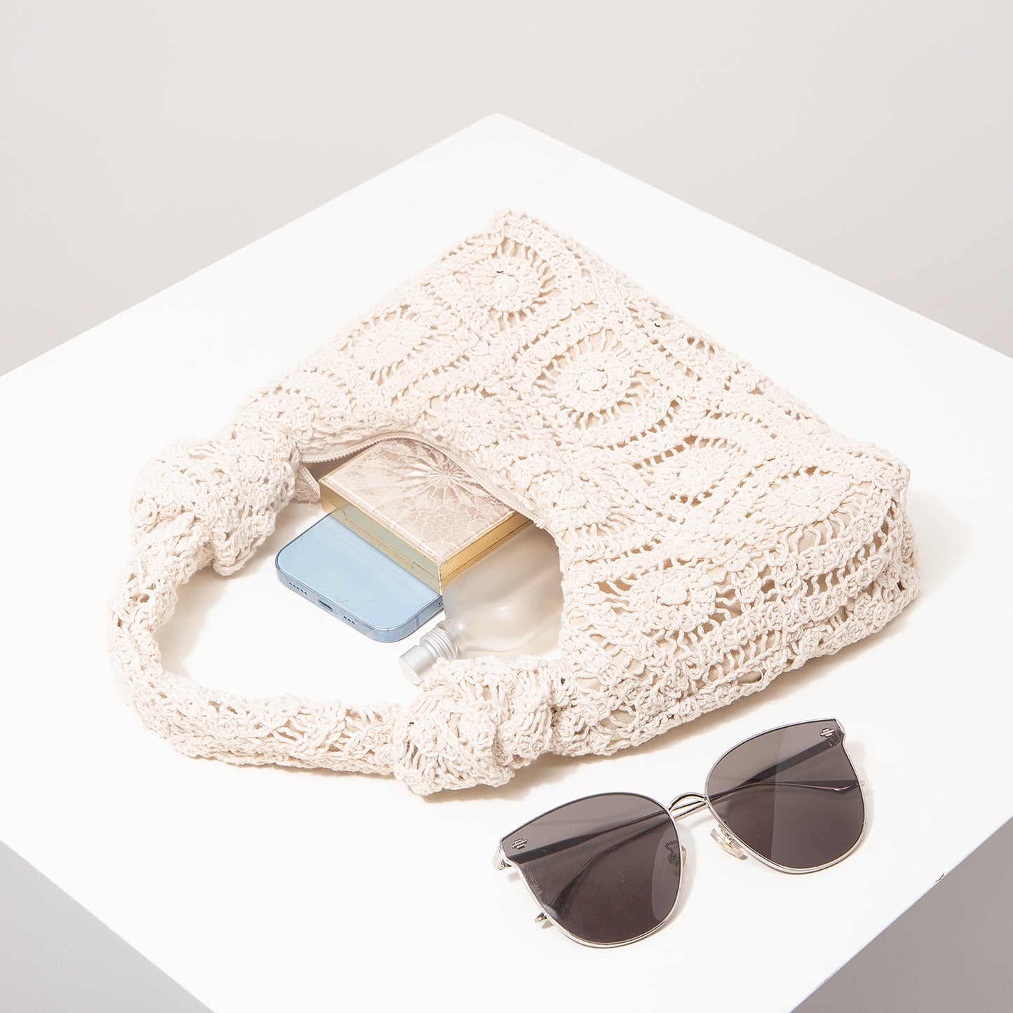 Crochet Knot Hobo Bag Cream Boho Knit Slouchy Shoulder Purse Summer Beach Tote