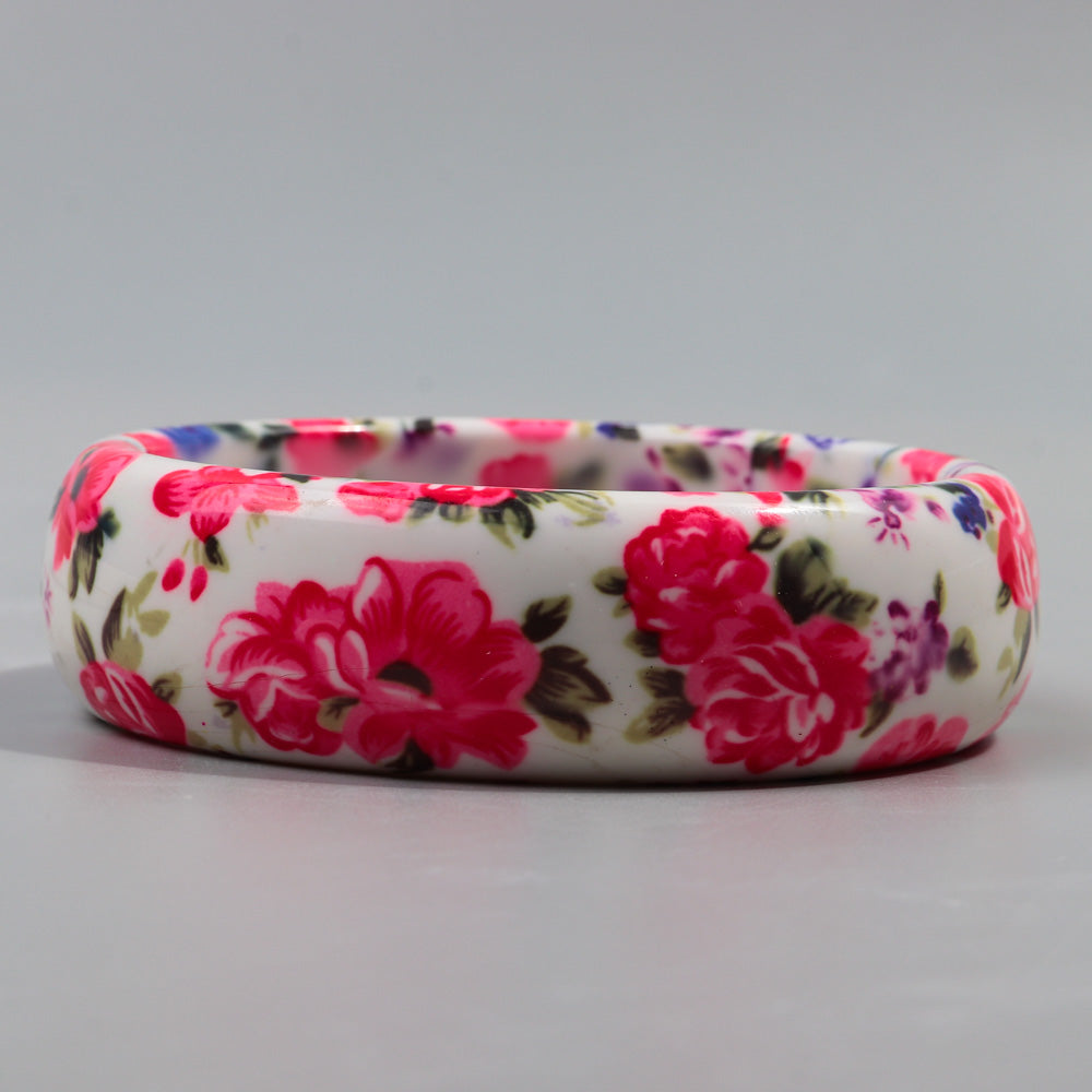 White Floral Resin Bangle Bracelet Garden Style 2.6 Inches Wide