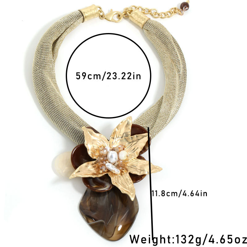 Gold Mesh Statement Necklace Large Floral Pendant Resin Stone Faux Pearl Choker