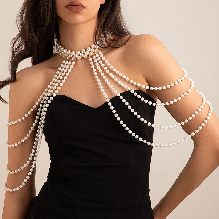 White Faux Pearl Body Chain Multilayer Shoulder Necklace Jewelry Set