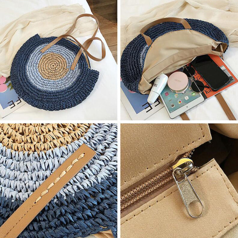 Round Woven Straw Shoulder Bag Bohemian Tote Beach Purse Summer Travel Handbag