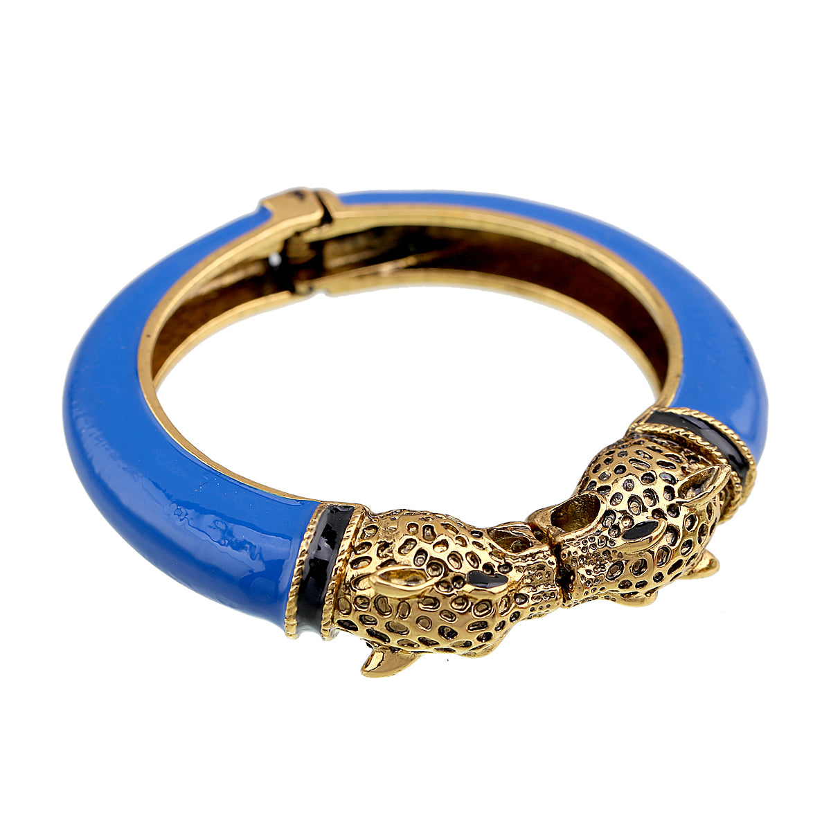Gold Tone Leopard Head Bangle Bracelet Set Enamel Cuff Statement Jewelry