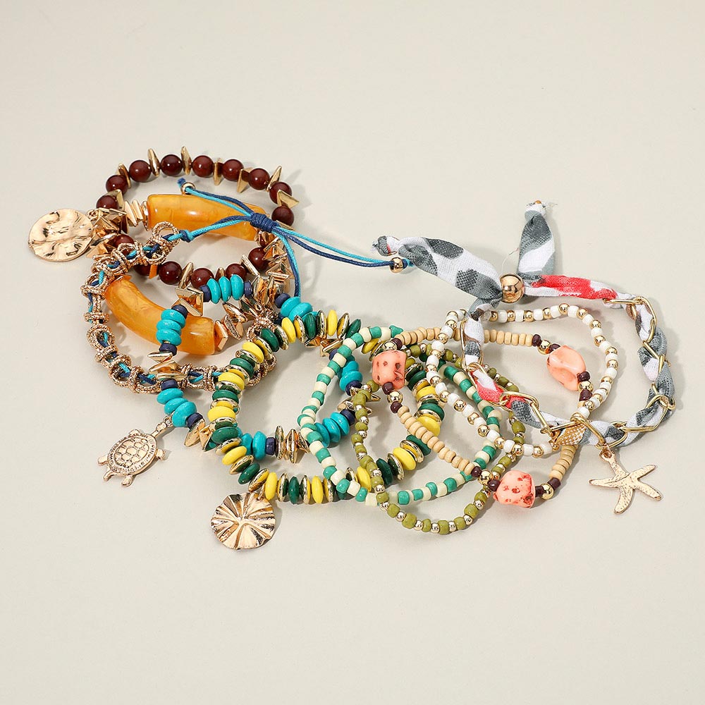 10pcs Boho Coastal Charm Beaded Stretch Layered Bracelet Set.