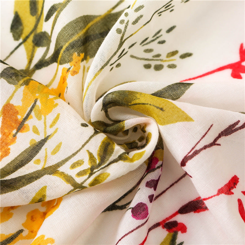 Women's Floral Lightweight Scarf Soft Cotton Blend Tassel Wrap Shawl