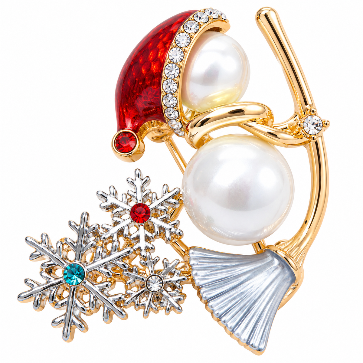 Christmas Snowman Brooch Set – 2 Holiday Pins with Rhinestone & Faux Pearl Details