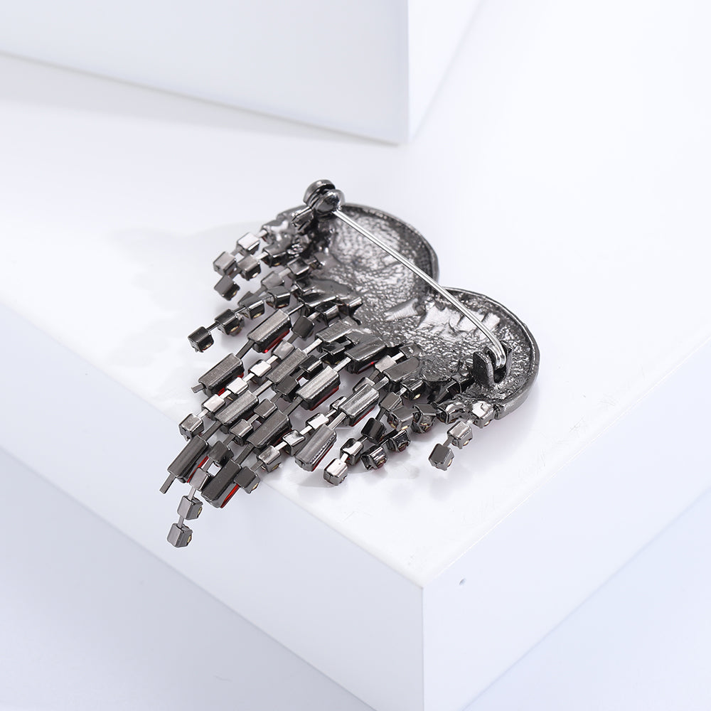 Vintage Silver Heart Brooch with Rhinestone Tassel Fringe - Statement Jewelry