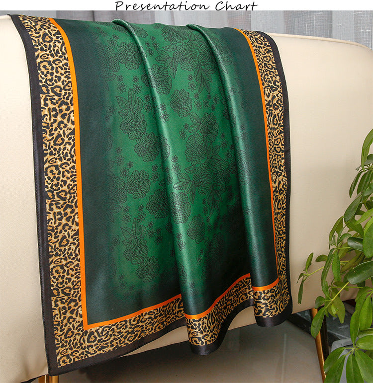 Emerald Green Floral & Leopard Border Silk-Feel Square Scarf