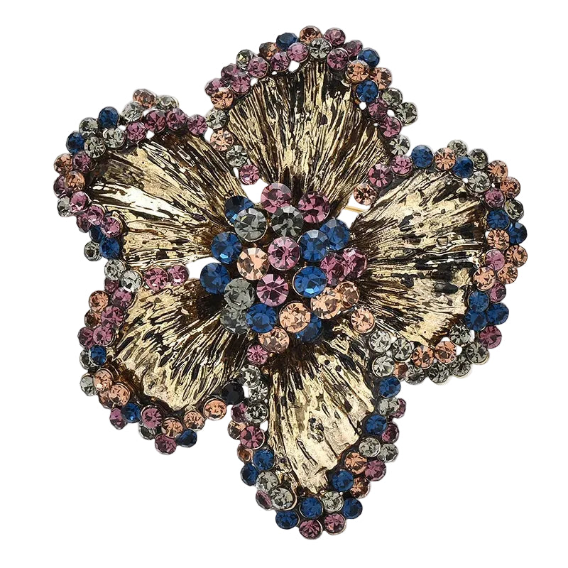 Vintage Gold Tone Crystal Flower Brooch Multicolor Rhinestone Statement Pin