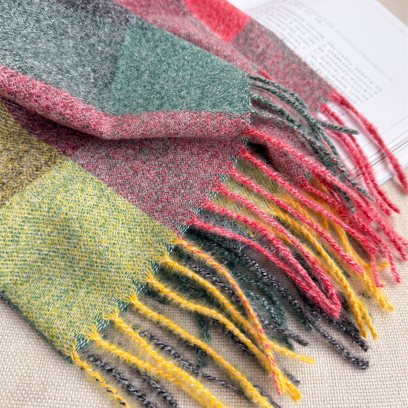 Rainbow Plaid Tassel Scarf – Colorblock Wrap Shawl