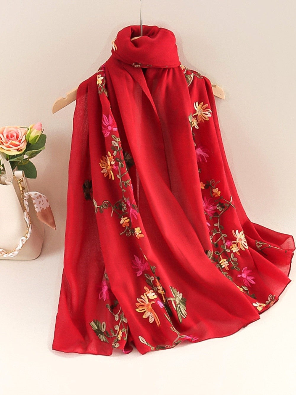 2-Piece Floral Embroidered Scarf Set, Black & Red
