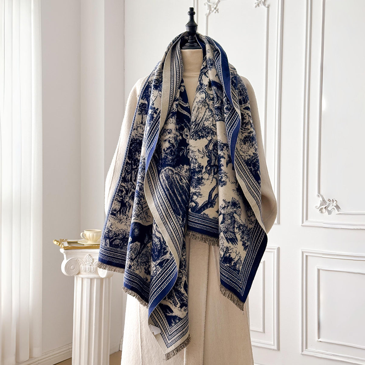 Navy & Ivory Toile Cashmere-Feel Scarf Wrap