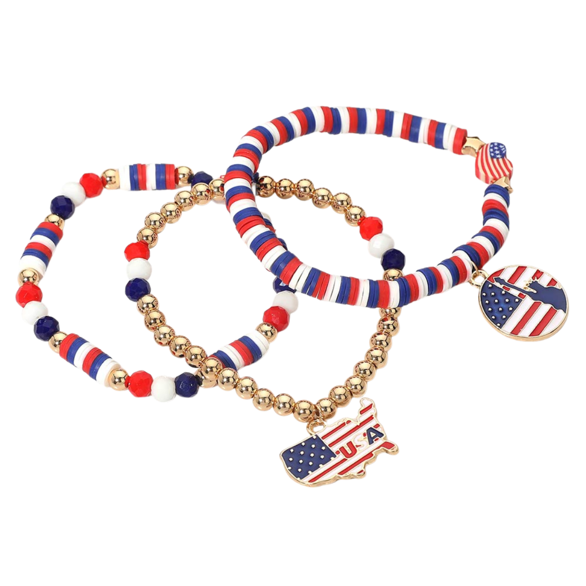 3-Piece Patriotic Bracelet Set | USA Charm Stackable Red White Blue Stretch Bracelets 2"