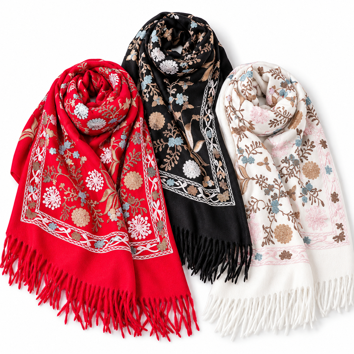 Women's 3-Piece Floral Embroidered Scarf Set in Red, Black & Ivory