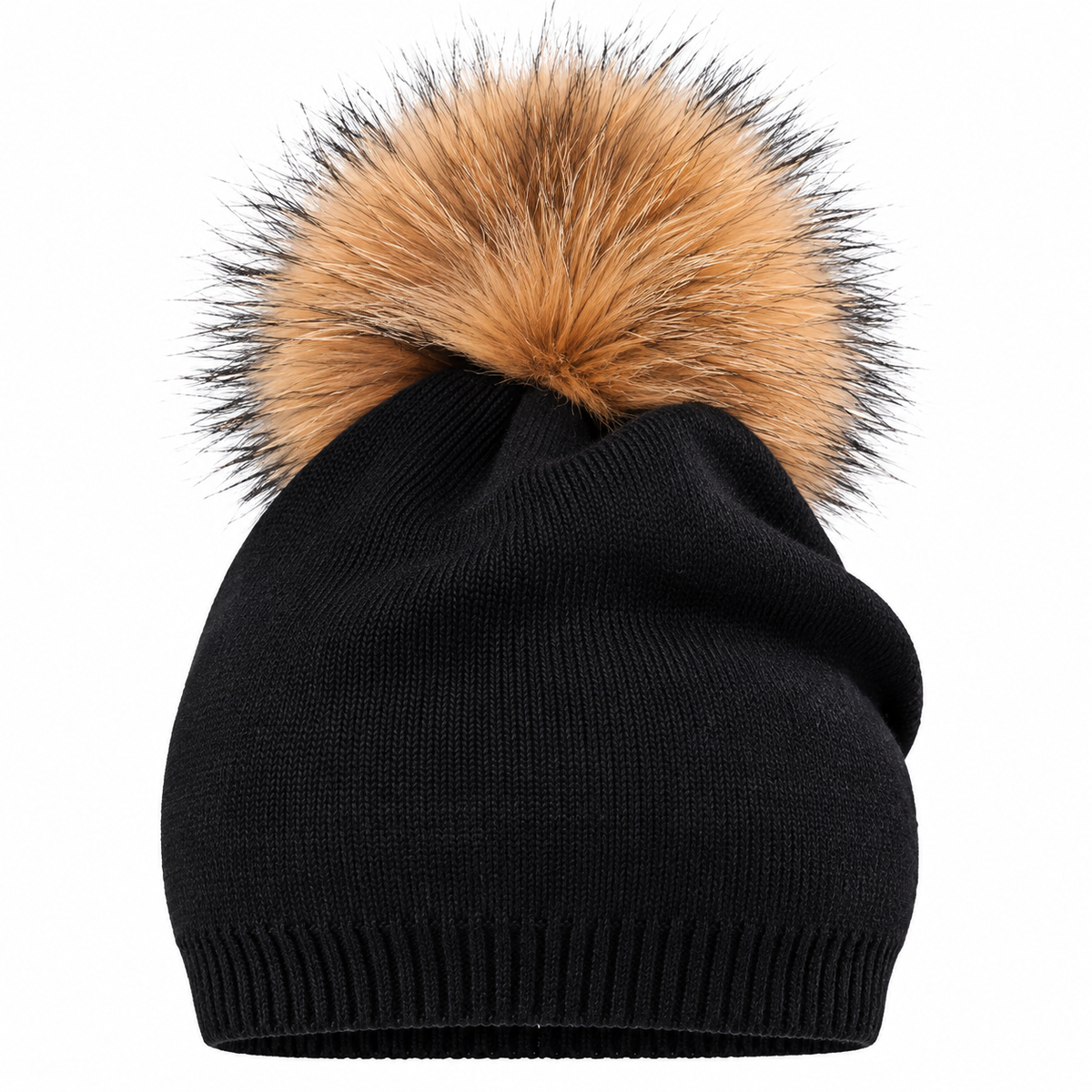 Women's Black Cashmere-Blend Beanie with Detachable Fur Pom Pom