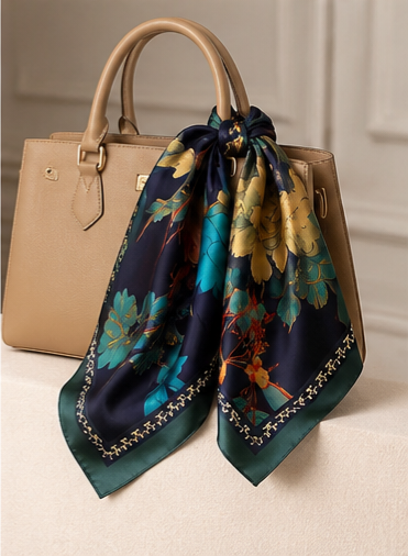 Navy Peony Botanical Print Silk-Feel Scarf 35" x 71"