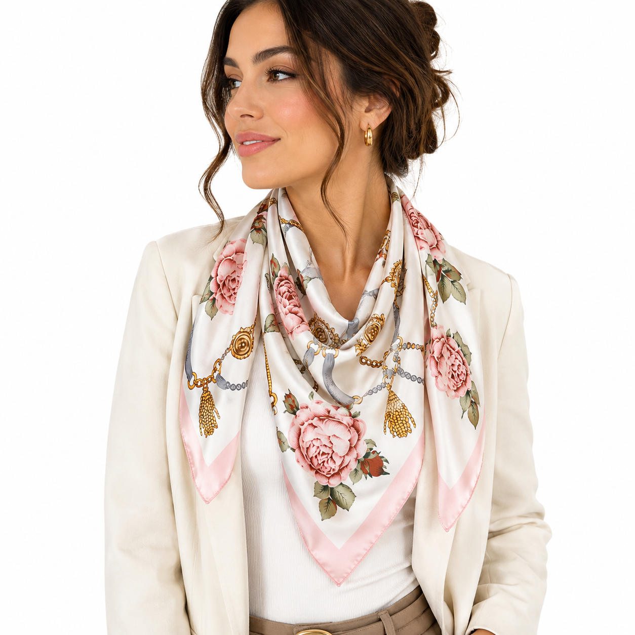 Floral Rose Silk Blend Square Scarf | Pink Gold Chain Print | 35" x 35"