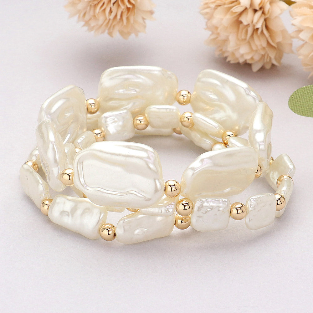 Irregular Pearl Beaded Stretch Bracelet Set for Women 3PCS Multi Layered Stackable Pearl Bracelets Elegant Boho Jewelry