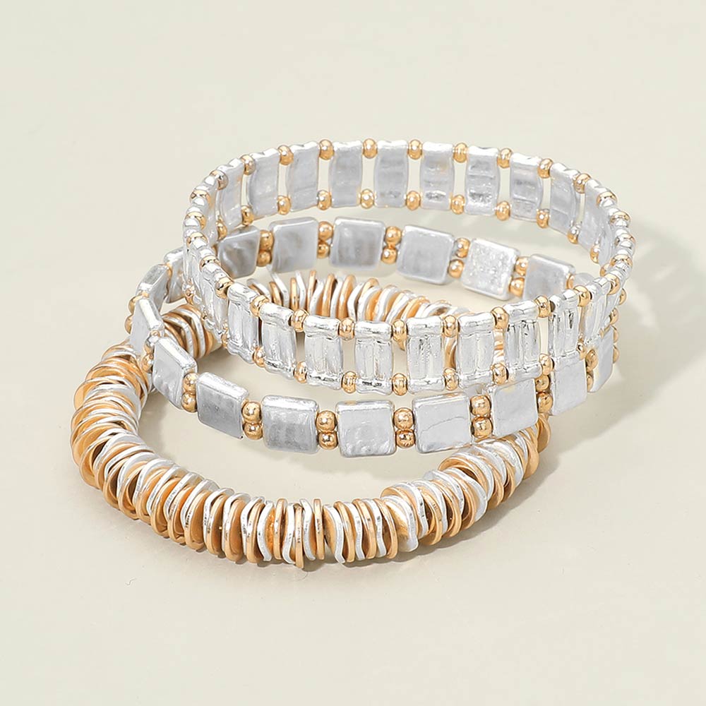 3 Piece Two Tone Metal Beaded Stretch Bracelet Set Multi Layer Stackable Bracelets for Women