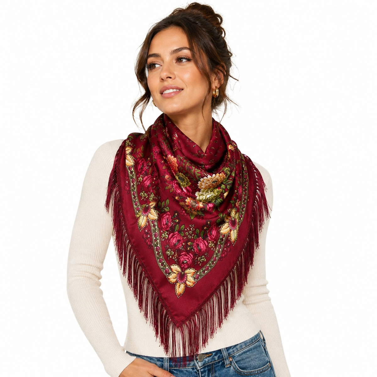 Russian Floral Fringed Shawl – Pavlovo Posad Style Burgundy Square Wrap