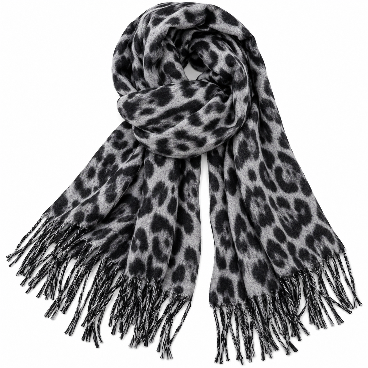 Grey & Black Leopard Print Scarf with Fringe – Oversized Shawl Wrap