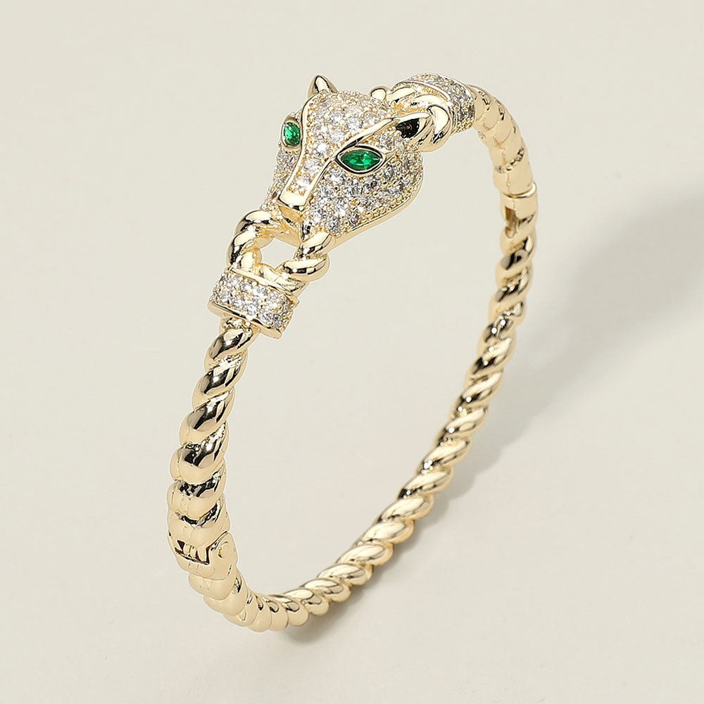 Gold Plated Panther Head Bracelet CZ Crystal Green Eyes Twisted Bangle