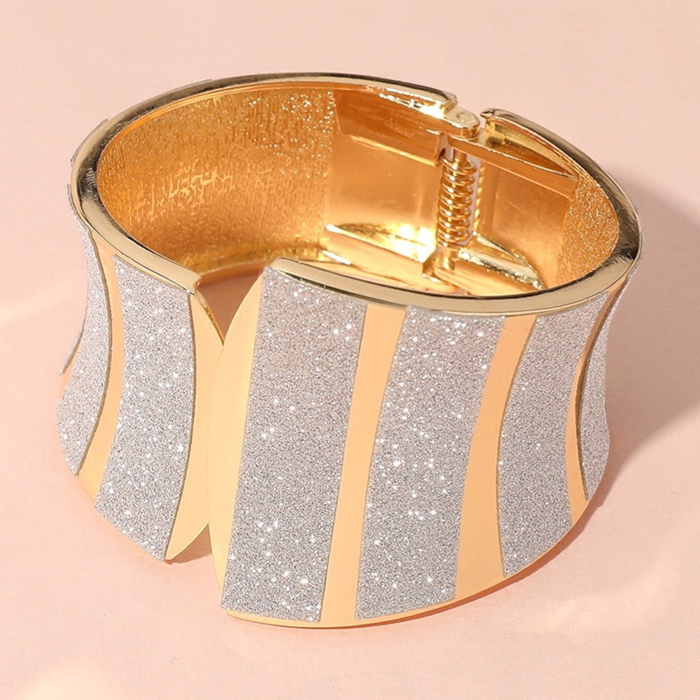 Gold Plated Sparkle Wide Hinged Bangle Bracelet Statement Jewelry for Women