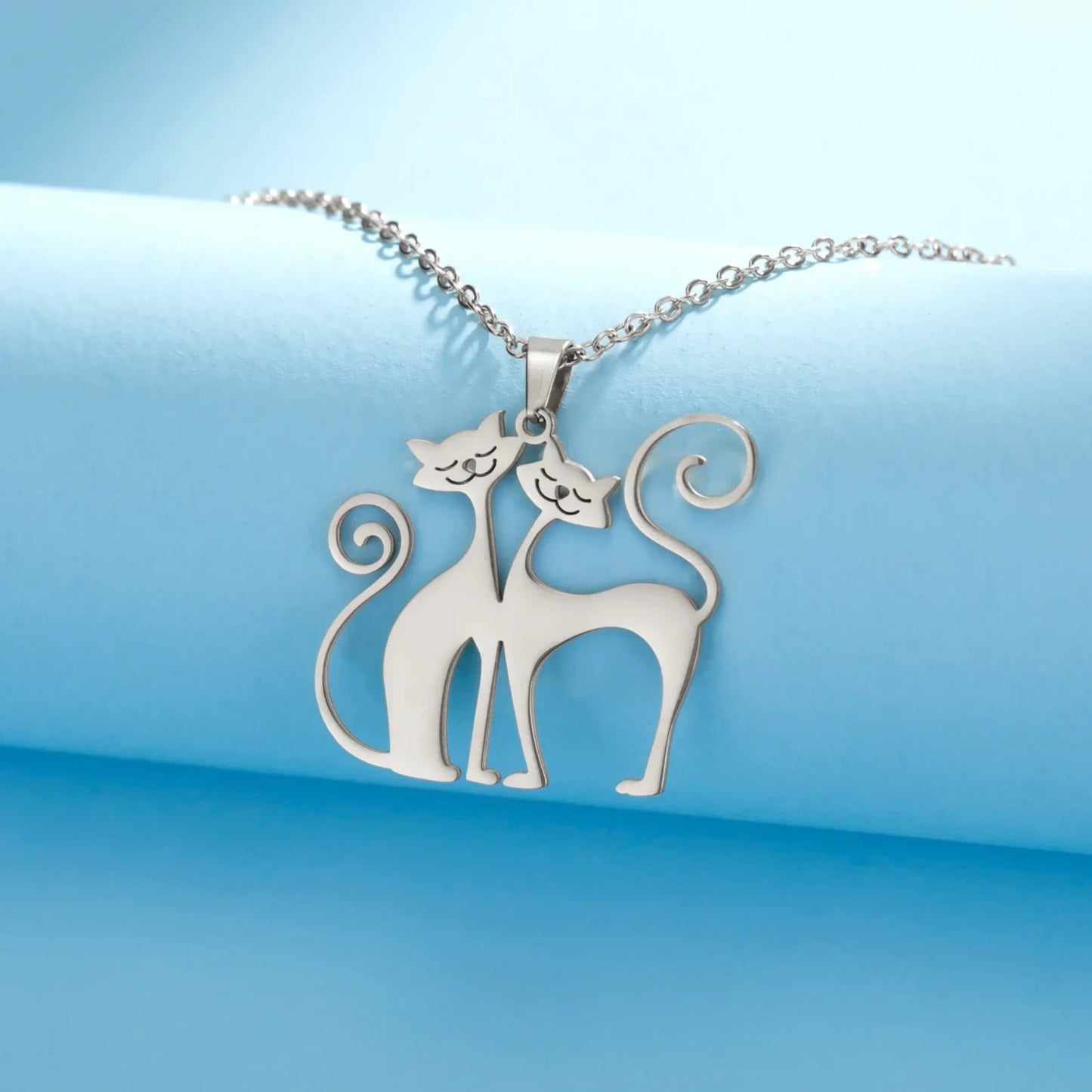 Crouching Cat Pendant Stainless Steel Necklace for Women Cute Animal Jewelry