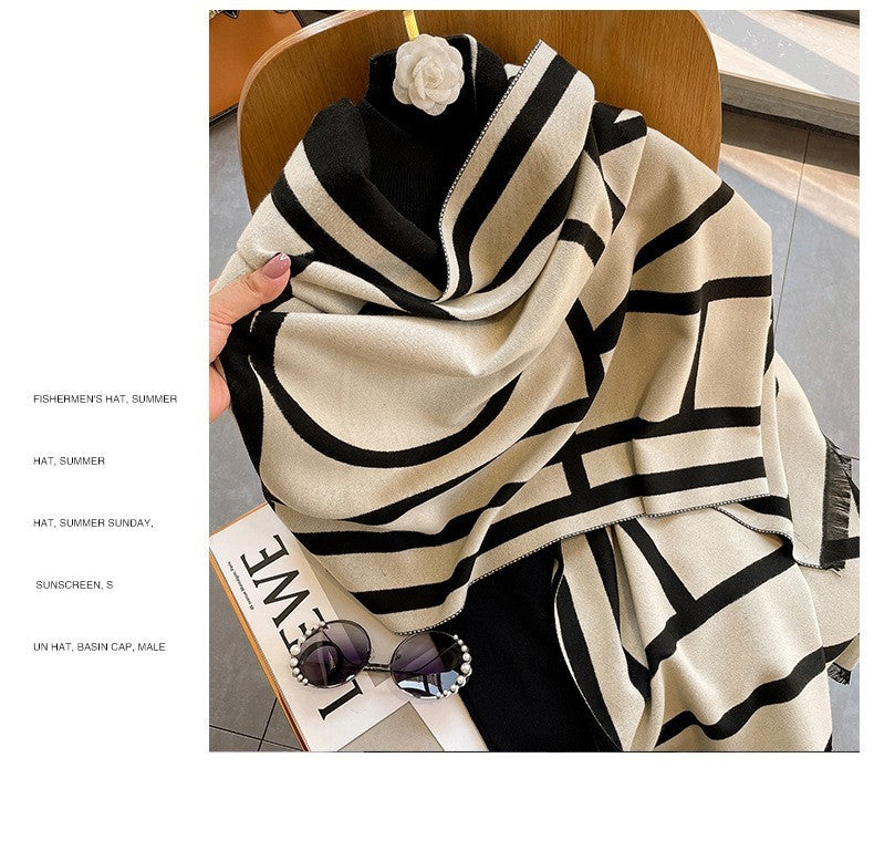 Luxury Geometric Black Beige Knit Scarf Shawl Wrap Modern Abstract Winter Warm
