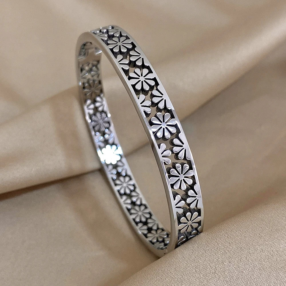2PC Floral Bangle Set Gold & Silver Tone Stainless Steel Bracelets for Women